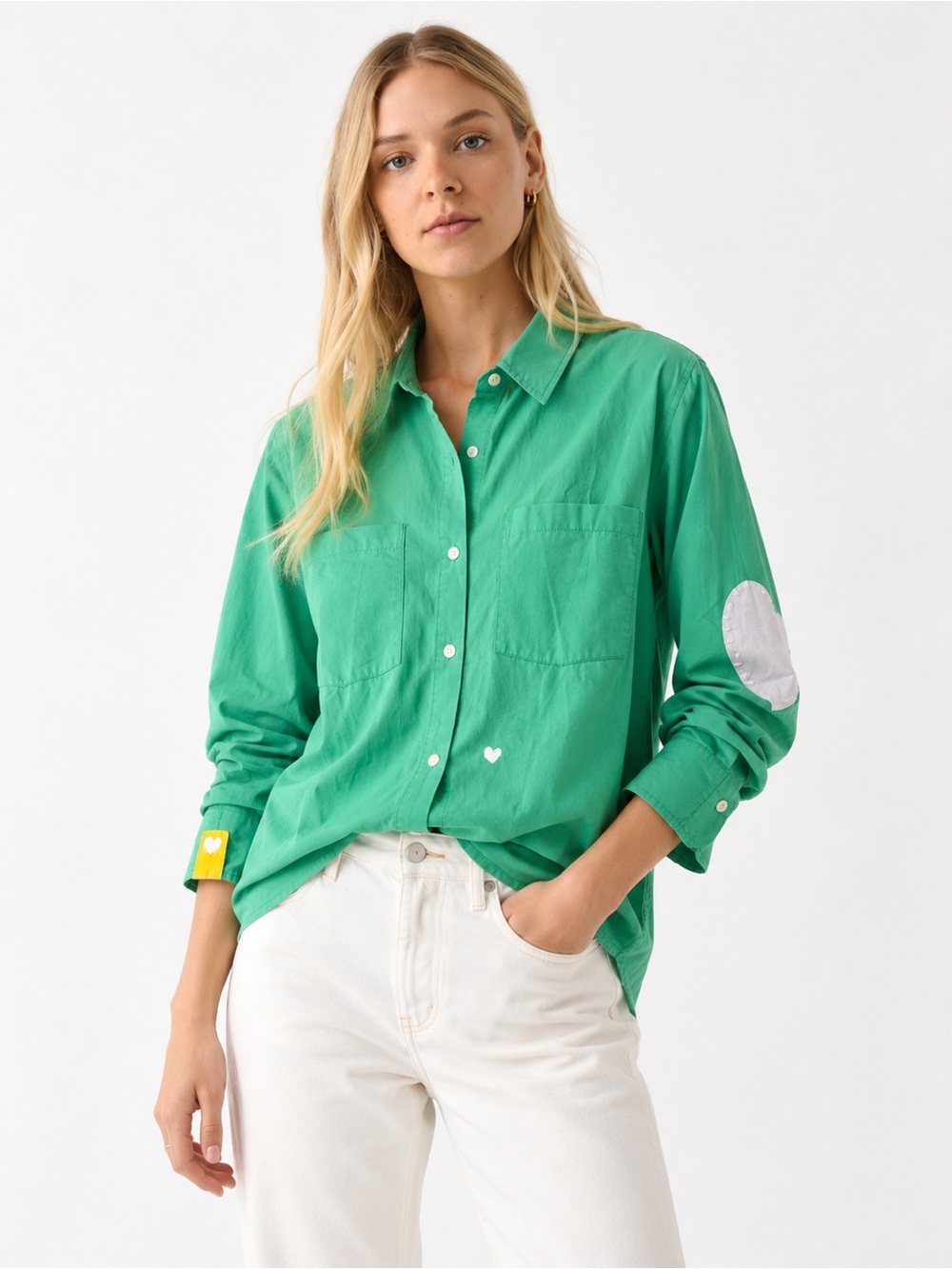 KERRI ROSENTHAL
Women's Mia Heart Patch Shirt in Kelly Green Sz M Broken Heart